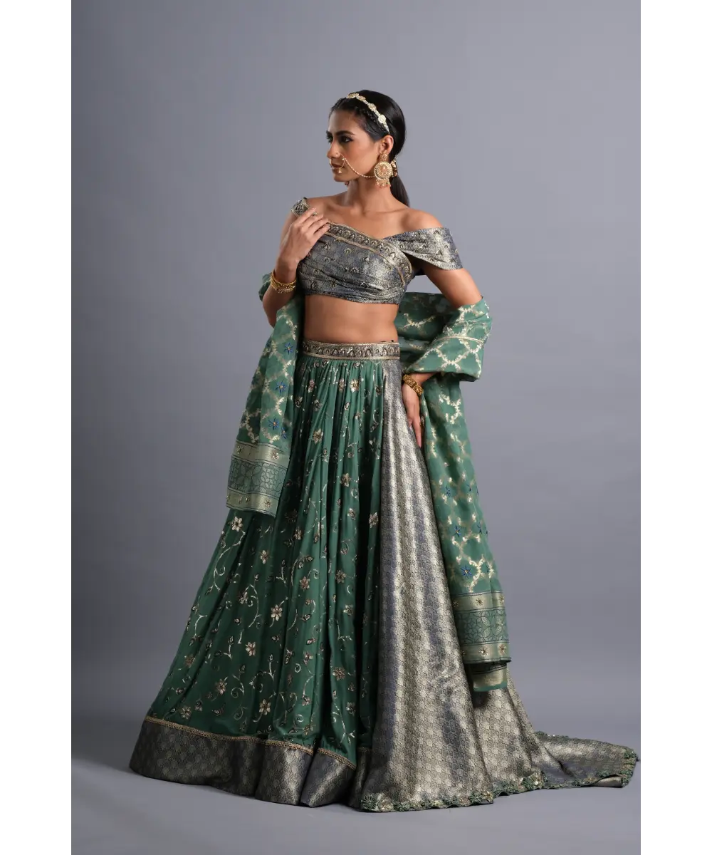 AASTHA SOOD - Teal green georgette Zardozi Lehenga